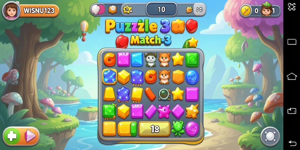 Tampilan antarmuka WISNU123 yang menarik dengan gameplay Puzzle Match-3.